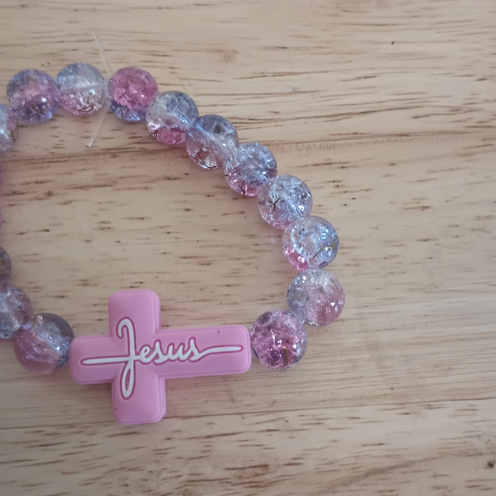 Wrist Bracelet Pink And White Cross And Blue And Pink Beats